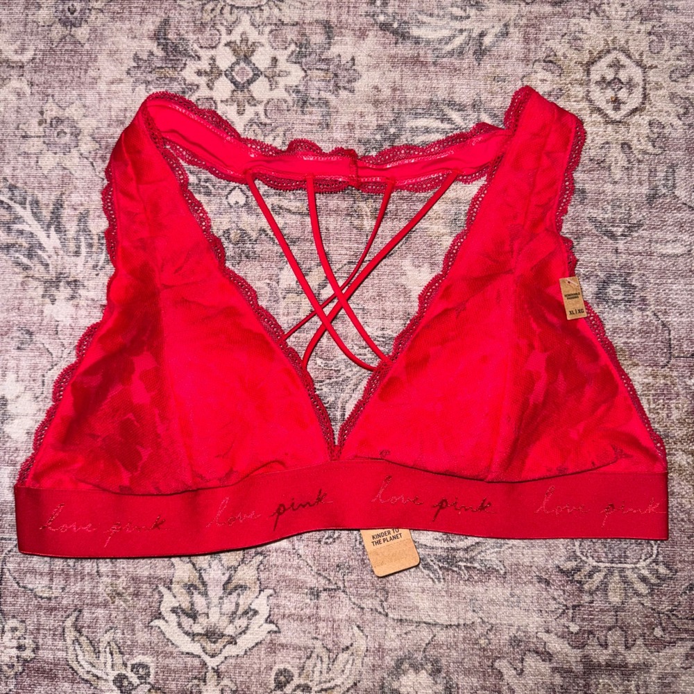 Victoria's Secret PINK Lace Bralette Red Strappy Back LOVE PINK Logo Size XL NEW